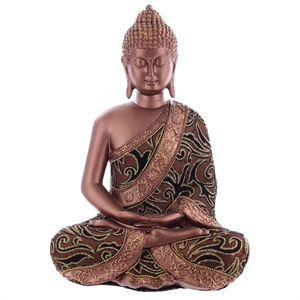 Buddha siddende kobberfarvet med mønster polyresin h:31cm - Se Buddha figurer